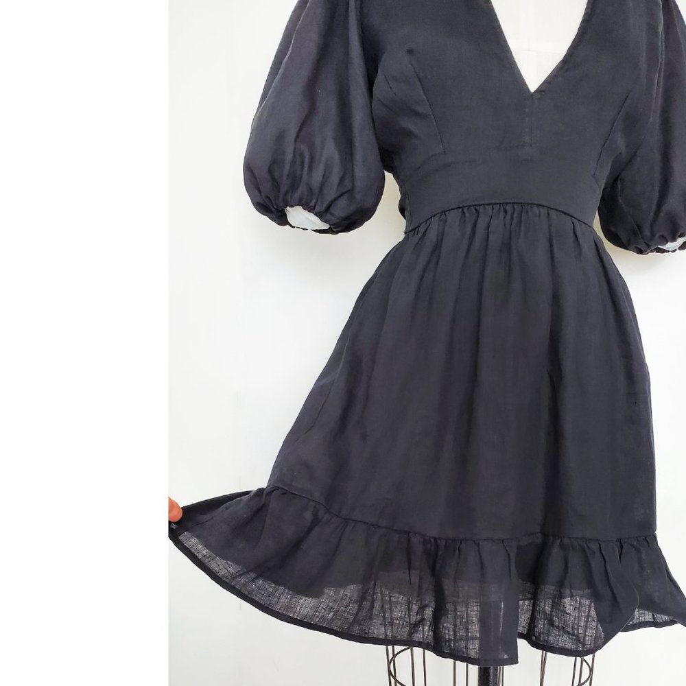 Faithfull The Brand Womens Black Linen Tie Back Dress Balloon Sleeves 6 - Picture 4 of 11